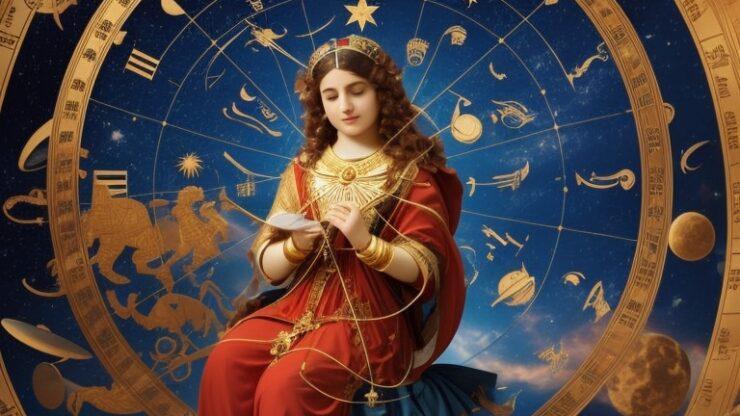 Астрология - наука опасная для жизни Астрологическая богиня в красном одеянии, сидящая на фоне звездного неба и астрологических символов, с книгой в руках.