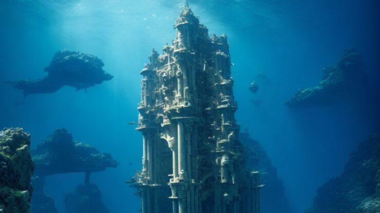 Атлантида поднимается со дна океана Подводная структура с колоннами и архитектурными элементами, окруженная морской водой и коралловыми рифами.