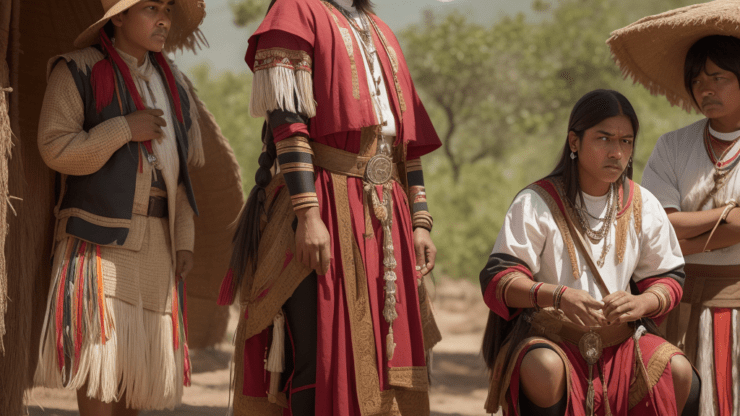 Как индейцы разочаровали конкистадоров Группа людей в традиционной одежде коренных народов, стоящие и сидящие на фоне природы.