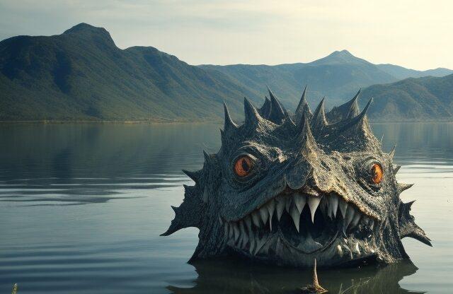 В Монголии на озере Хяргас-Нур ищут динозавров Мифическое существо с шипами и яркими глазами, выглядывающее из воды, окруженное горами и природой.
