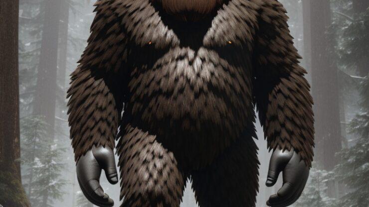 Печальная участь снежного человека Снежный человек с густой шерстью стоит в лесу среди деревьев.