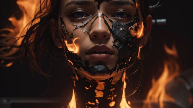 Сгоревшие изнутри Женщина с огненными эффектами на лице и теле, покрытая черной текстурой, создающей эффект пламени и жара.
