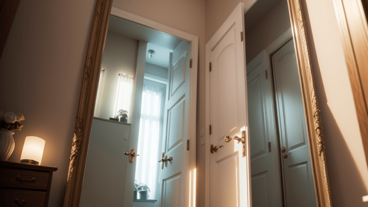 Тайны зеркал Элегантное зеркало в интерьере с дверями и люстрой, создающее атмосферу уюта и стиля в помещении.