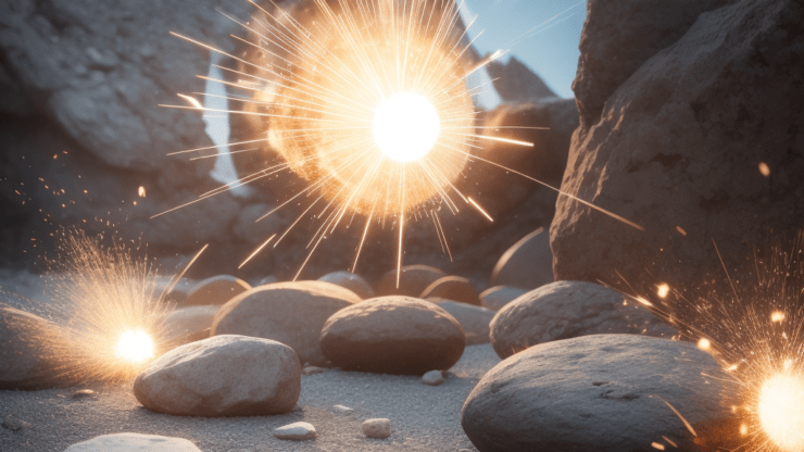 Взрывающиеся камни Искры, возникающие из камней на пляже, создающие эффект света и движения, подчеркивающие текстуру и форму камней.