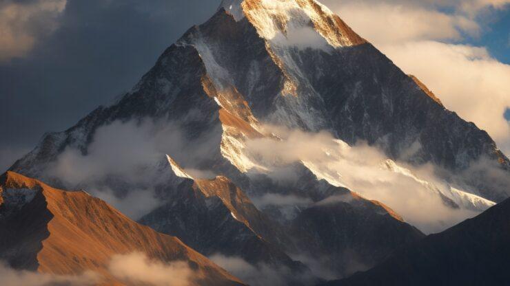 Загадочная гора в Тибете Величественная горная вершина с снежной шапкой и облаками, окруженная горами и долинами.