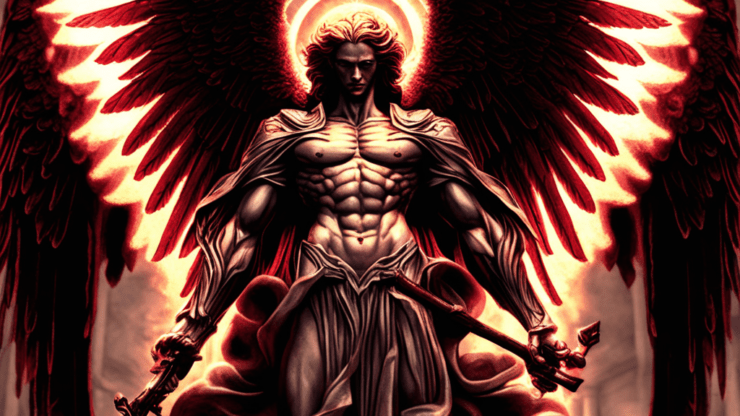 Архангел Люцифер с большими красными крыльями, держащий меч и облачённый в доспехи. Архангел Люцифер с большими красными крыльями, держащий меч и облачённый в доспехи.