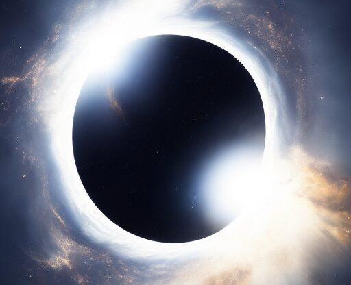 Белые "Дыры" Изображение чёрной дыры с яркими световыми эффектами и космическим фоном.