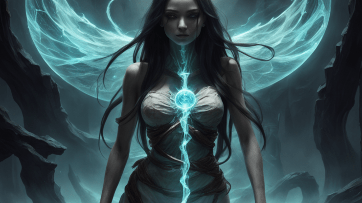 "Долгожители" Женщина с длинными волосами и светящимся энергетическим потоком, стоящая на фоне темного леса.