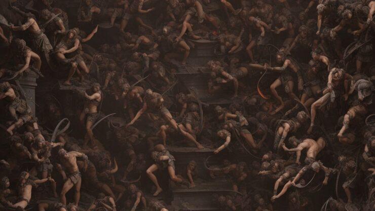 Чистилище - правда или вымысел? Сцена с множеством демонов и мифических существ на фоне огня и тьмы.