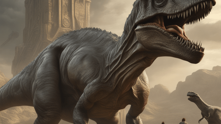 Глобальное потепление вернет на землю динозавров Динозавр Ти-рекс с открытой пастью на фоне древних руин и двух человек.