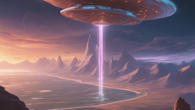 Студент заснял НЛО Изображение НЛО, излучающего свет, над горным пейзажем с рекой на фоне.