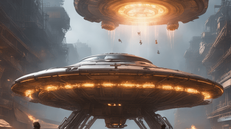 Летающие тарелки видят только люди, зараженные психологической инфекцией Два НЛО с яркими огнями, парящие над индустриальным городским пейзажем.