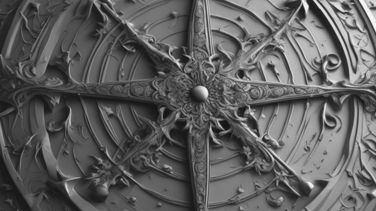 Ведьмины метки Резное изображение компаса с детализированным узором и центральной точкой.