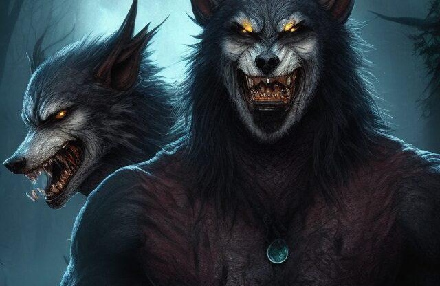 Вервольфы Оборотень с яркими глазами и острыми зубами, стоящий на фоне луны, с другим оборотнем позади него, в лесной местности.