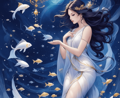 Общий гороскоп - Рыбы Изображение женщины в белом платье с золотыми рыбками на фоне звездного неба и часов.