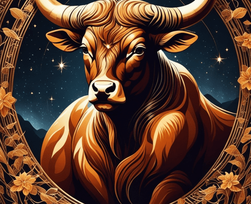 Общий гороскоп - Телец Изображение знака зодиака Телец с золотым быком в окружении декоративного орнамента.