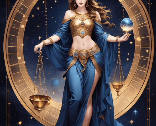 Общий гороскоп - Весы Изображение женщины в синем одеянии, держащей весы и планету, символизирующее знак зодиака Весы.