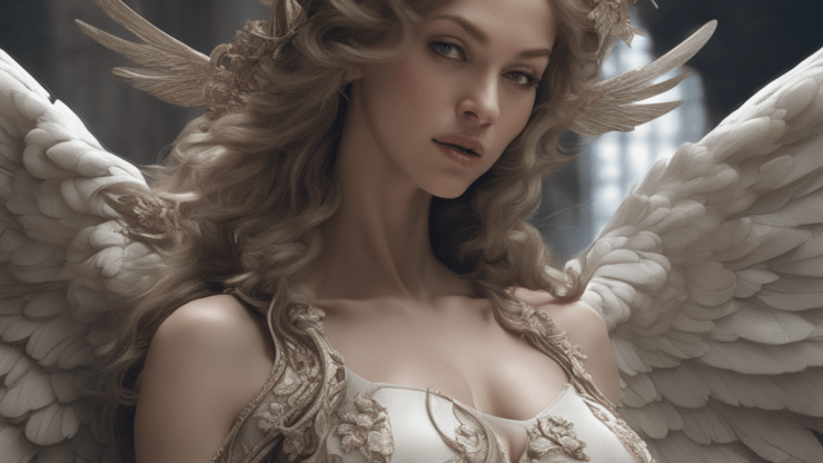 Ангелы Изображение ангела с длинными волосами и большими белыми крыльями, одетого в украшенное платье.