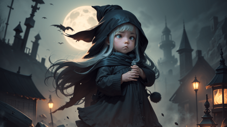 Маленькая девочка в черном плаще и шляпе с длинными серыми волосами на фоне луны и зданий. Маленькая девочка в черном плаще и шляпе с длинными серыми волосами на фоне луны и зданий.
