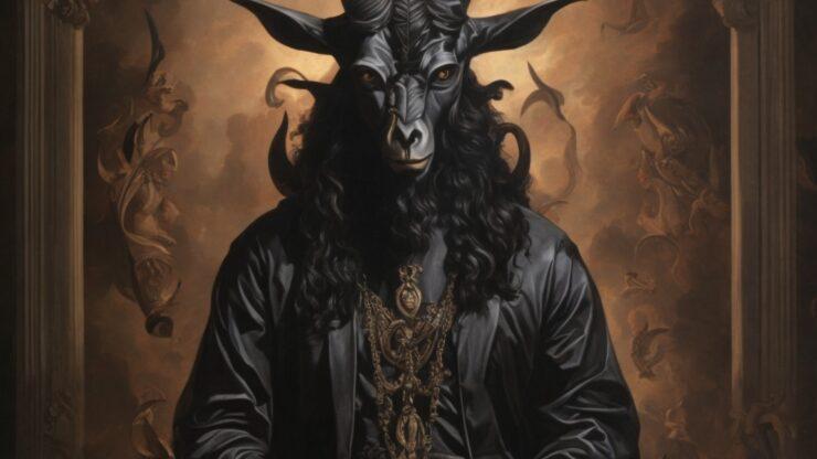 Бафомет Изображение Бaphomet с рогами, сидящий в черной одежде на фоне темной архитектуры.