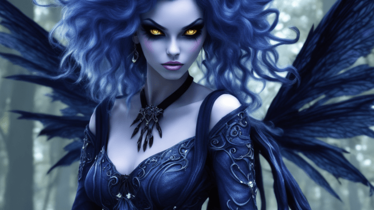 Банши Фея с синими волосами и черными крыльями, одетая в темное платье, с желтыми глазами.