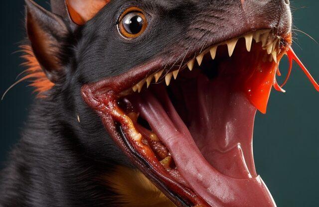 Чупакабра Черная собака с открытой пастью и яркими элементами, демонстрирующая острые зубы и выразительные глаза.