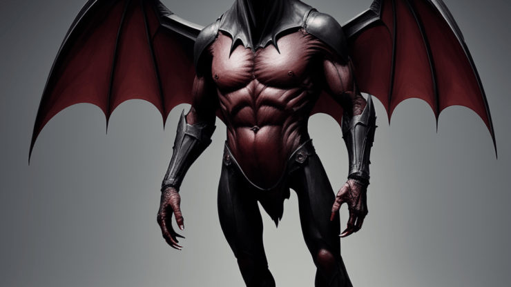 Дьявол из Джерси Фантастический демон с рогами, крыльями и мускулистым телом в черной и красной одежде.