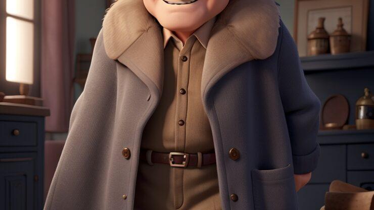 Домовые, доможилы, дворовой, овинный, банник. Мультяшный персонаж в сером пальто с меховым воротником и очками, стоящий в комнате.