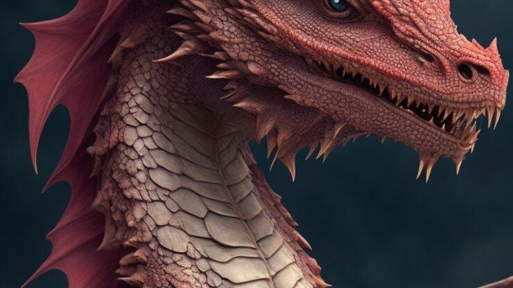 Драконы Красный дракон с острыми шипами и детализированной чешуей на фоне темного неба.