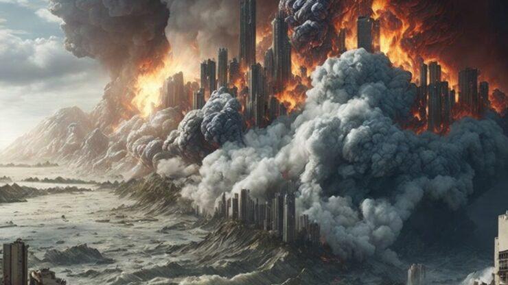 Постапокалиптический пейзаж с горящими зданиями и дымом на фоне разрушенного города. Постапокалиптический пейзаж с горящими зданиями и дымом на фоне разрушенного города.