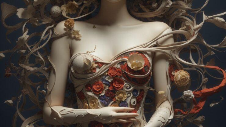 Феномен нетленных тел Скульптура женщины с цветами и декоративными элементами на теле и волосах.