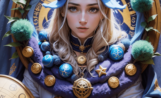 Гороскоп друидов Фантазийный персонаж с длинными волосами, украшениями и атрибутами, сидящий на фоне с символами и зелеными элементами.