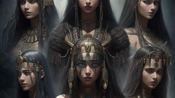 Кому на том свете жить хорошо? Шесть женщин в древнеегипетских нарядах с украшениями и головными уборами.