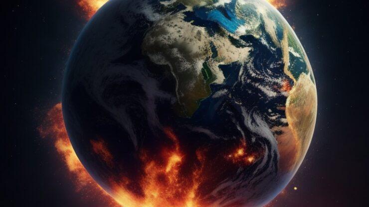 Ученые узнали точную дату гибели планеты Земля Изображение Земли с огненным облаком, охватывающим нижнюю часть планеты.