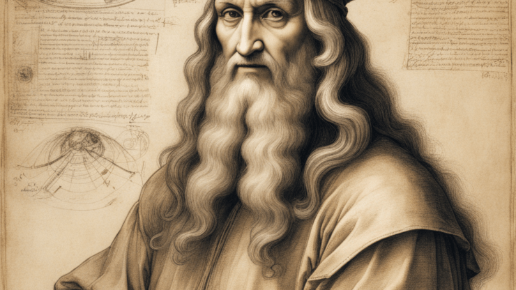 Тайны гения Да Винчи Портрет Леонардо да Винчи с длинной бородой и в традиционной одежде, окруженный чертежами и заметками.