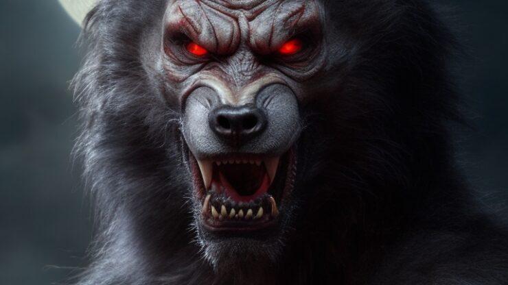 Ликантропия - болезнь оборотней. Оборотень с ярко-красными глазами и грозным выражением лица на фоне луны.