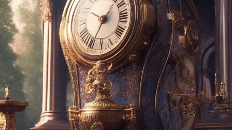 Машина времени Антикварные часы с золотым декором и сложными деталями, изысканный дизайн, элементы роскоши и стиля, идеальные для коллекции.