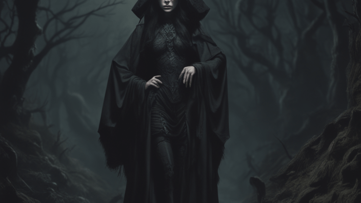 Женщина в черном одеянии с рогами, стоящая в темном лесу под луной. Женщина в черном одеянии с рогами, стоящая в темном лесу под луной.