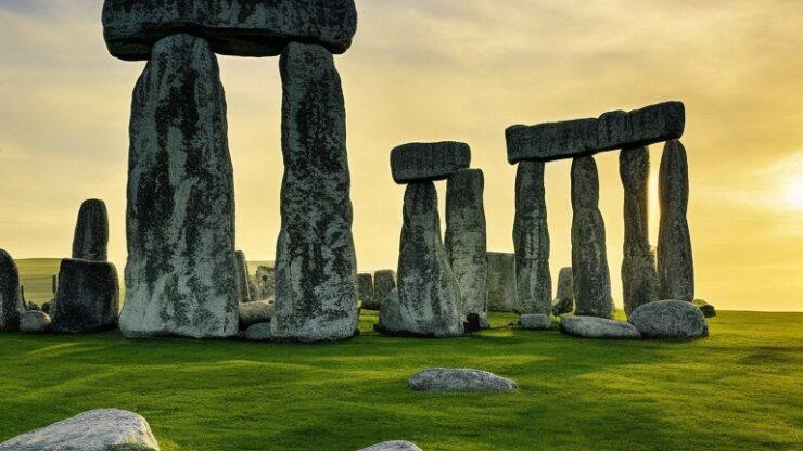 Стоунхендж Стоунхендж с большими каменными блоками на травяном поле под закатным небом.