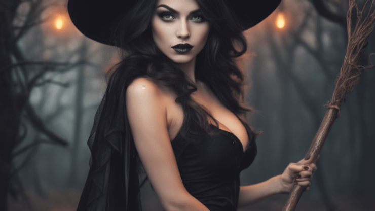 Ведьмы в церкви Женщина в черном платье и шляпе ведьмы с метлой на фоне леса с огнями.