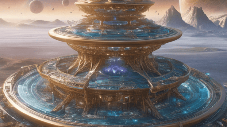 Доказательства существования внеземных цивилизаций Футуристическая космическая станция с несколькими уровнями и планетами на фоне.