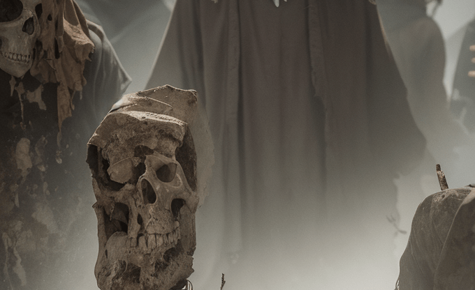 Забытые мертвецы Группа скульптур черепов и фигур в темных одеждах на фоне тумана.