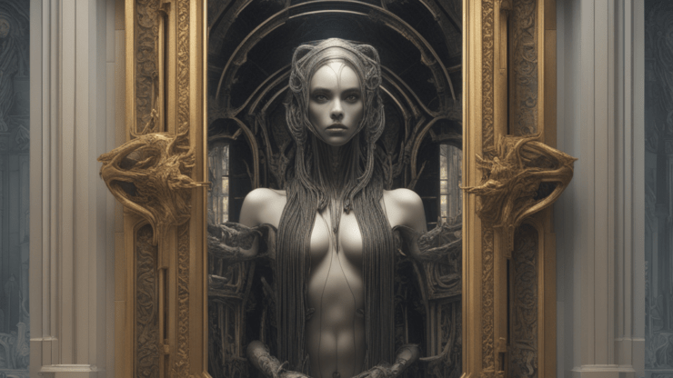 В убийстве обвиняется...зеркало Зеркало в золотой раме с изображением фигуры человека с длинными волосами и механическими элементами.