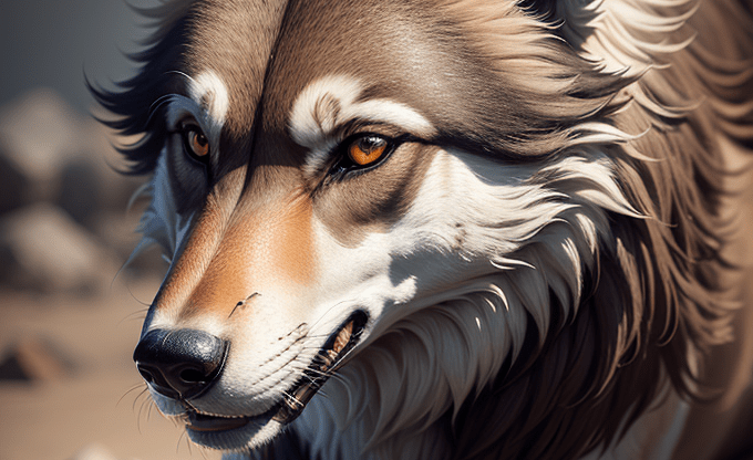 Андский волк Андский волк с выразительными глазами и густой шерстью, лежащий на песчаной поверхности.