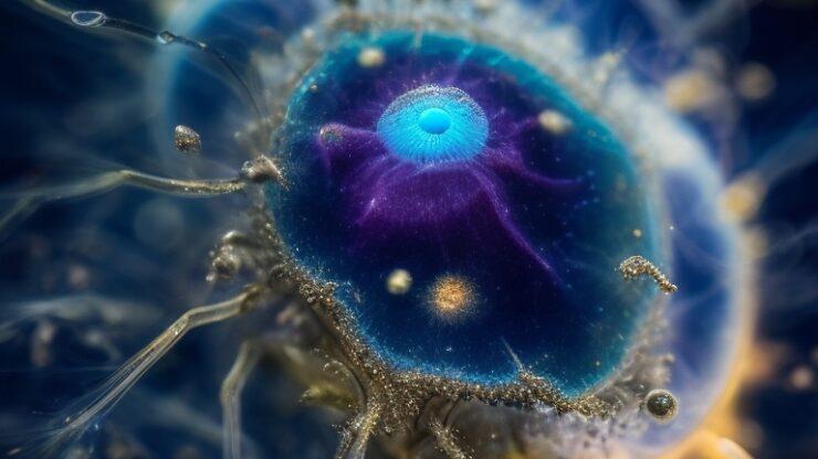 Астральные паразиты Изображение астральных паразитов с яркими цветами и деталями в микроскопическом масштабе.