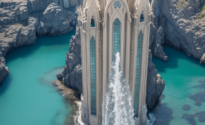 Затерянная Атлантида Здание с высокими башнями и фонтаном, расположенное на скалах у воды.