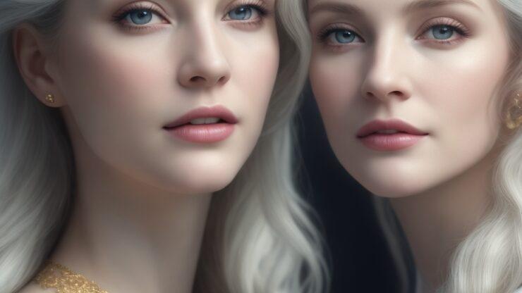 Две женщины с длинными белыми волосами и голубыми глазами, одетые в светлые наряды, с золотыми украшениями на шее и ушах. Две женщины с длинными белыми волосами и голубыми глазами, одетые в светлые наряды, с золотыми украшениями на шее и ушах.