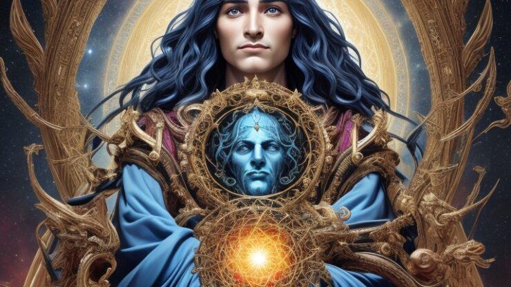 Боги с Сириуса Человек с длинными темными волосами, одетый в синюю одежду, держащий светящийся шар.