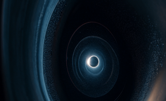 Что внутри черной дыры? Абстрактное изображение, представляющее черную дыру с ярким центром и спиральными формами.
