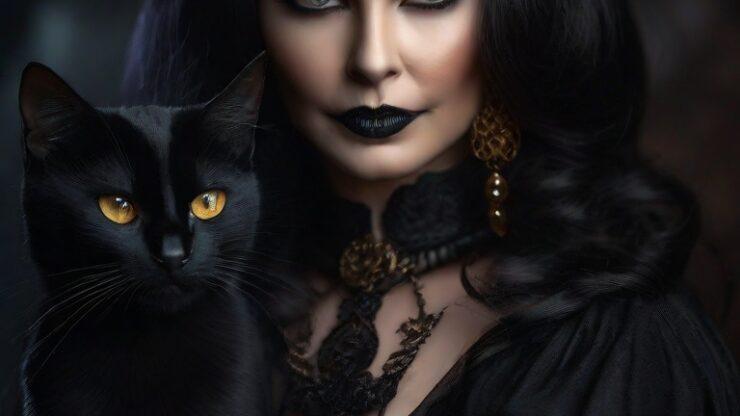 Черные кошки вестники тьмы Женщина с черной шляпой и черной кошкой на руках, с выразительными глазами и темным макияжем.